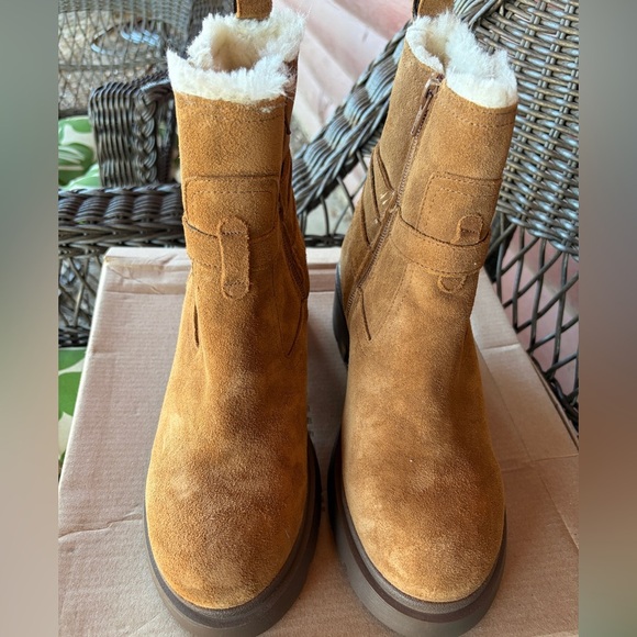 Steve Madden Colletta lug-sole buckle booties camel suede faux-fur lining Fall - Picture 8 of 15